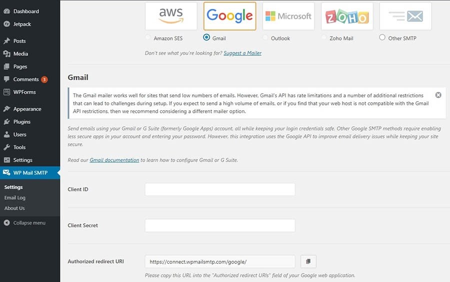 تنظیمات WP Mail SMTP برای ایمیل Gmail