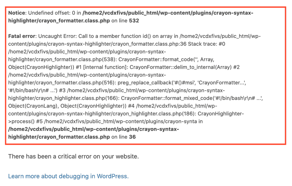 wordpress-critical-error-with-debug-mode-enabled