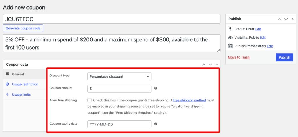 create a discount coupon in WooCommerce