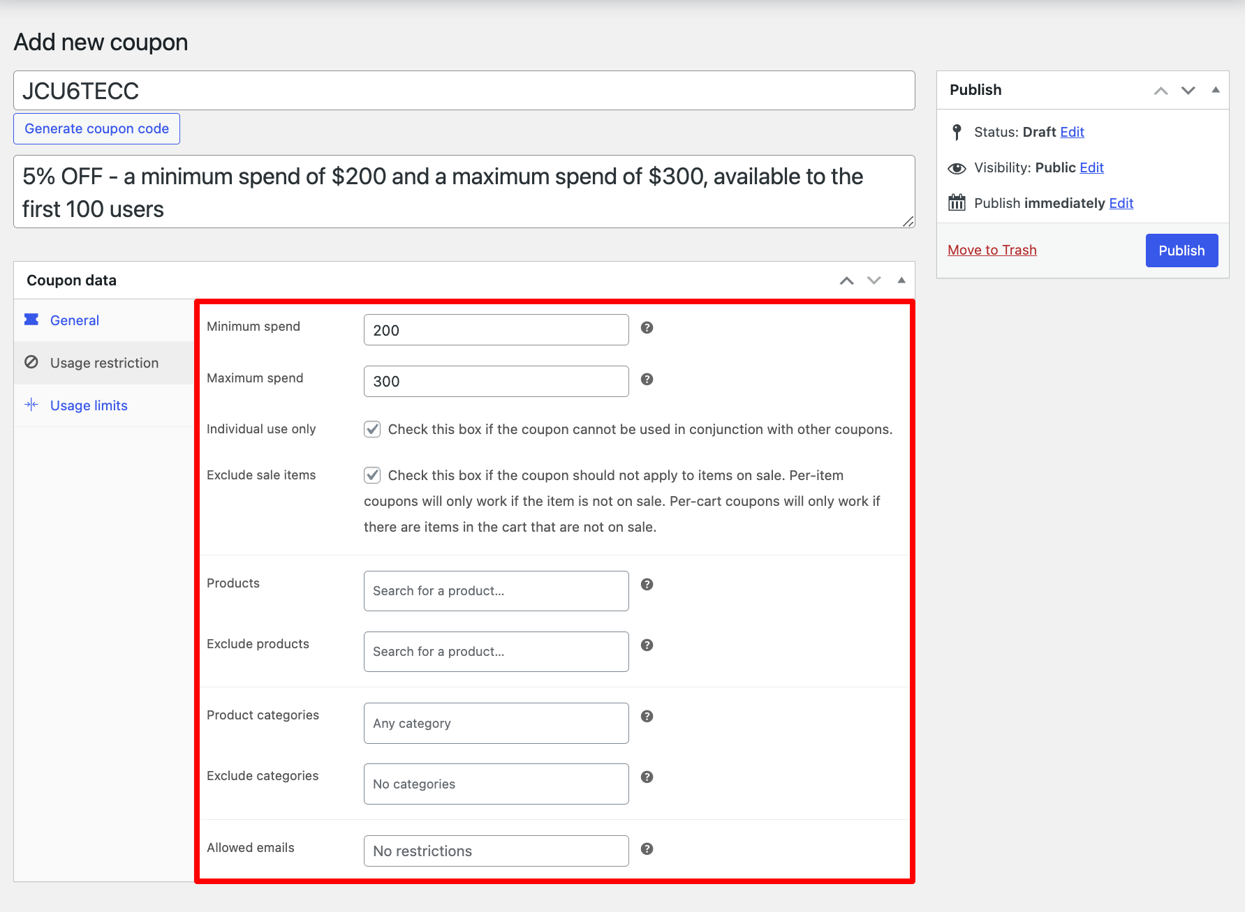 usage restriction configuration of WooCommerce coupon