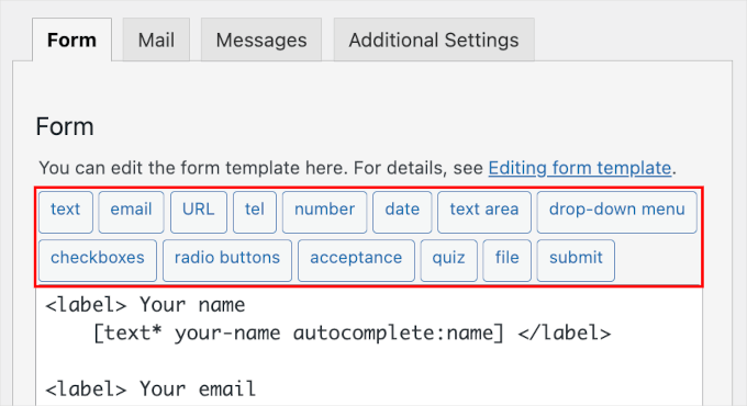 The form field tab in Contact Form 7 editor