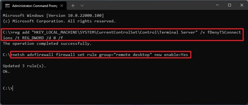 Command Prompt enable Remote Desktop