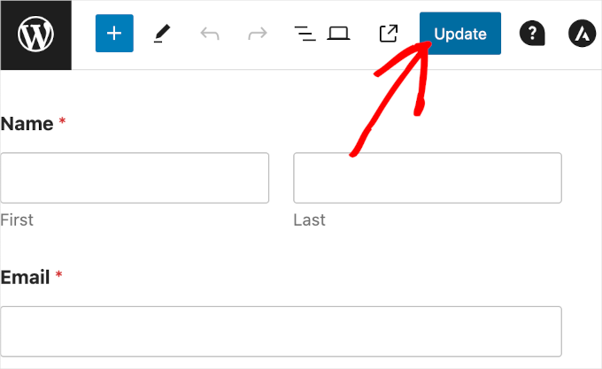 The Update button on WordPress' block editor