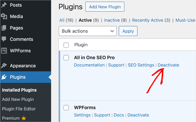 The Deactivate button under a plugin's name