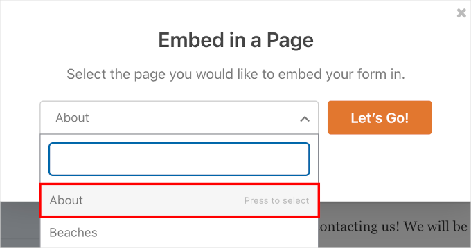 The About option when embedding a form in an existing page