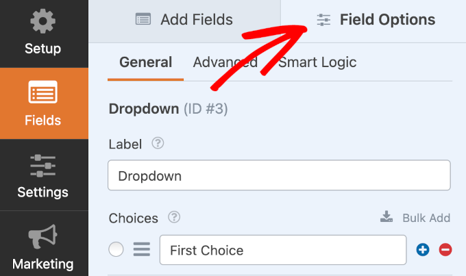 The Dropdown field's Field Options tab