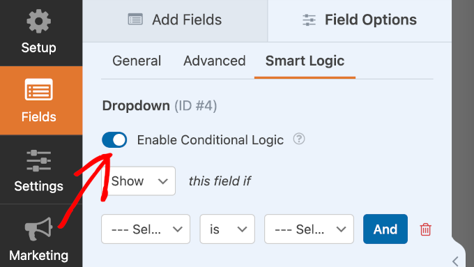 The Enable Conditional Logic toggle in the Smart Logic tab