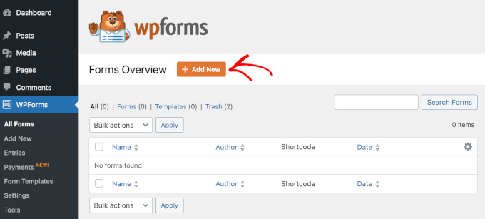 The + Add New button on WPForms' Forms Overview