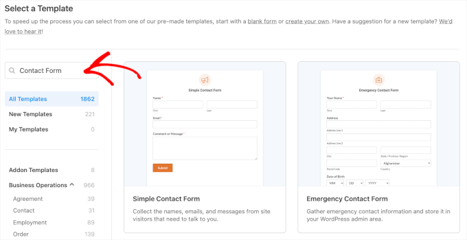 Searching for contact form templates in WPForms