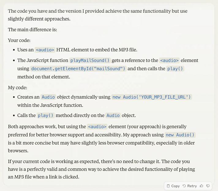 Claude-3 explaining the difference between the JavaScript it generated versus the JavaScript I'm currently using.