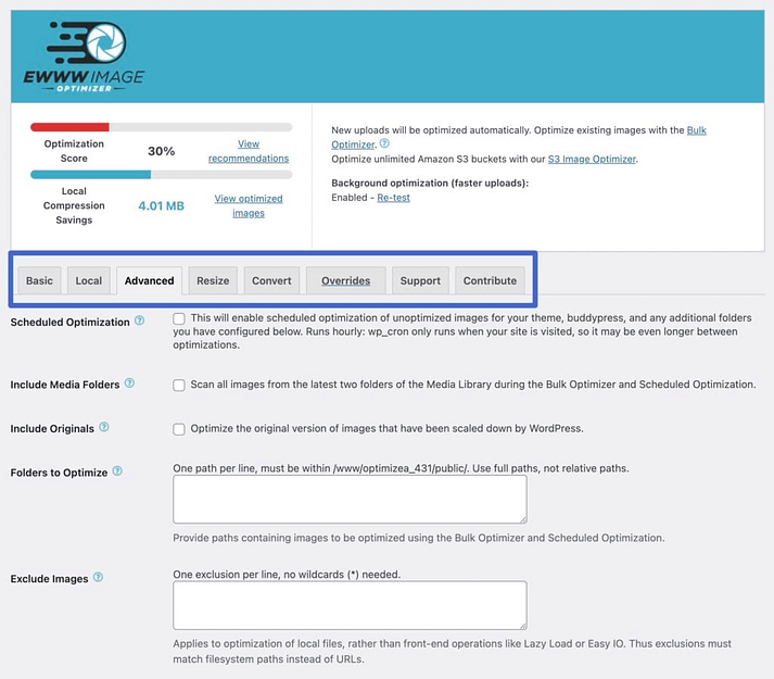 EWWW WordPress settings