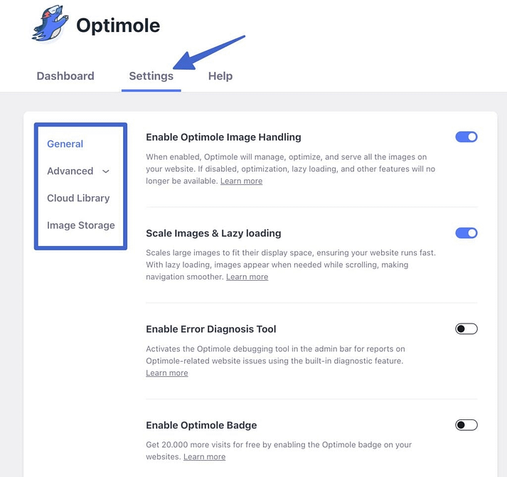 Settings tab for Optimole 