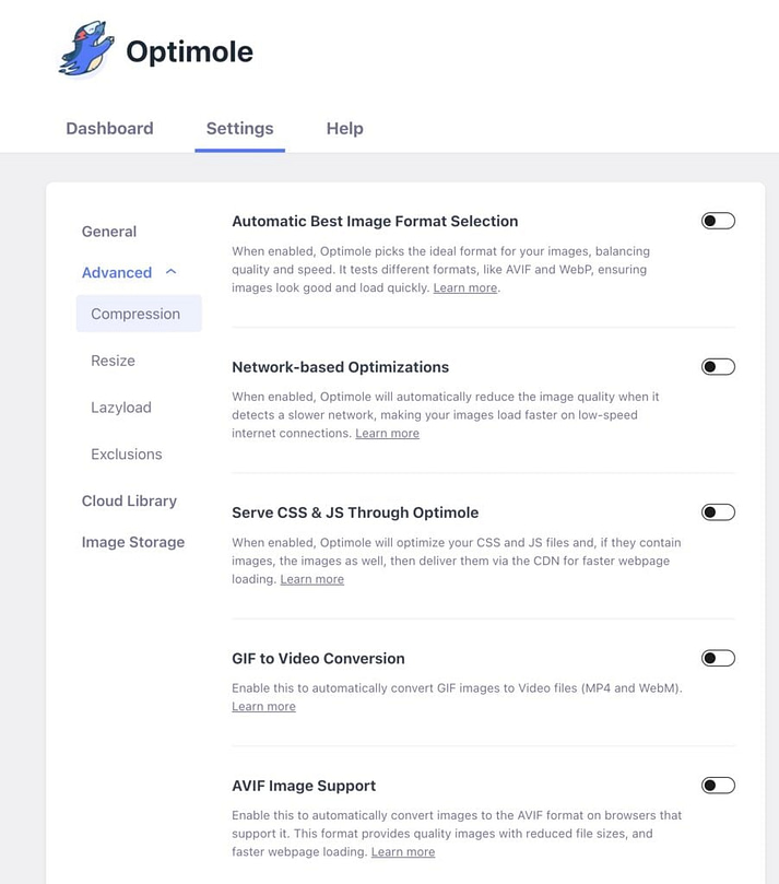 Optimole WordPress settings 