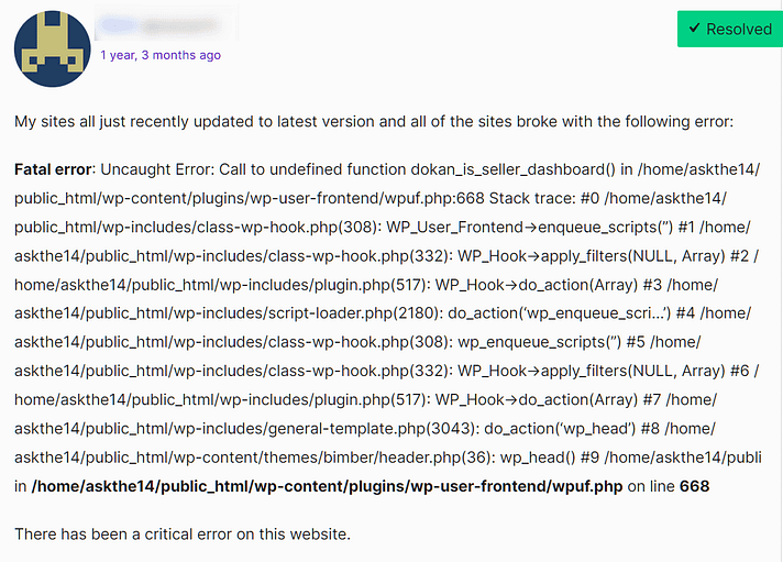 WordPress forum post about someone's sites breaking after a WordPress update with a "Fatal error"