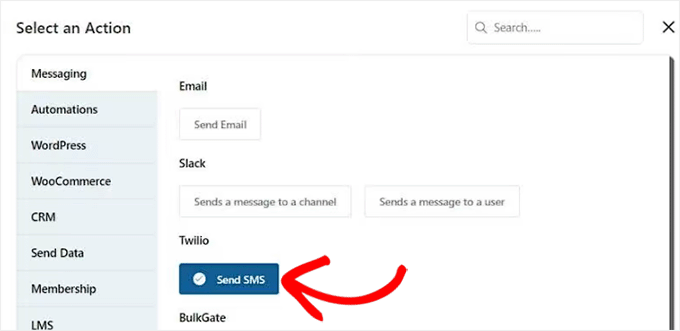 Choose send SMS as action