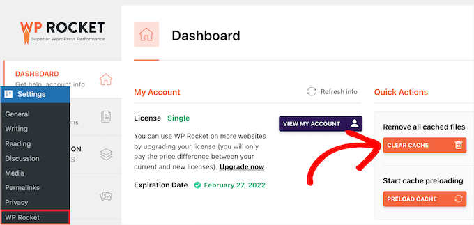 How to clear the WP Rocket cache manually