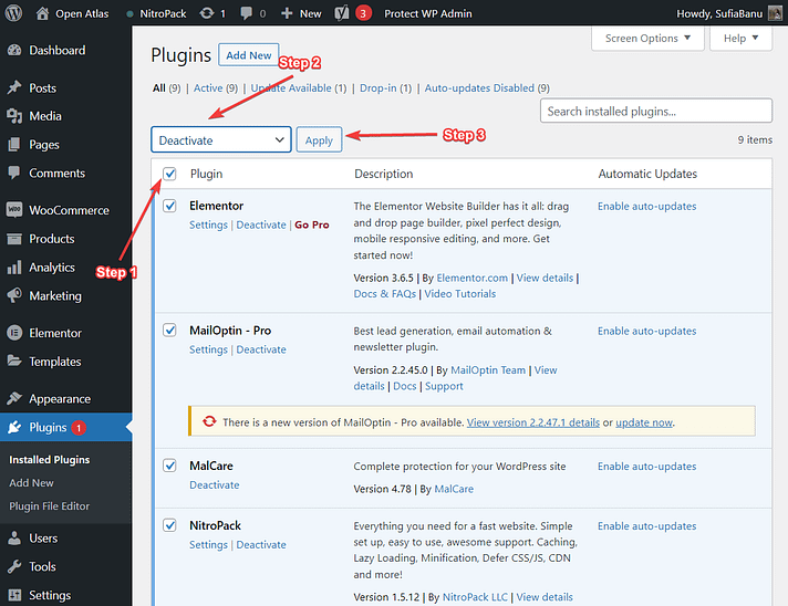 deactivate all plugins - Updating failed. The response is not a valid JSON response.