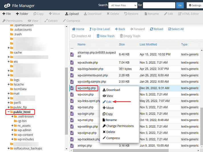 edit wpconfile in file manager