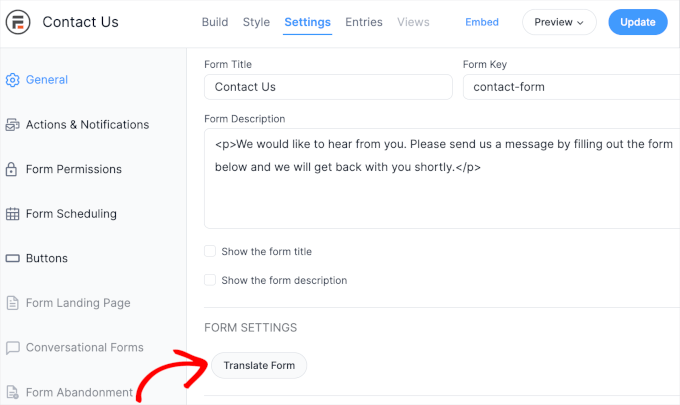 The Translate Form button on Contact Us' Settings tab