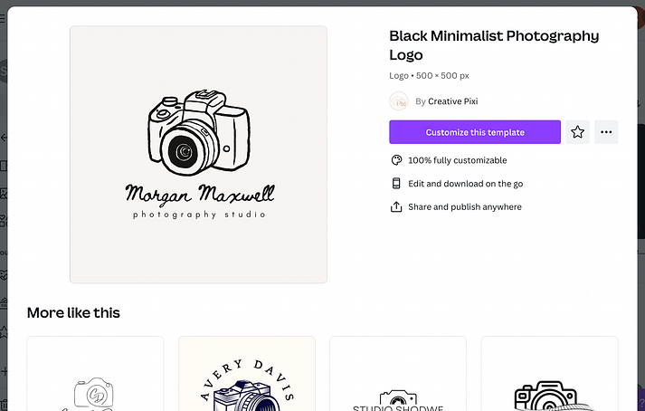 A photography business logo in Canva for WordPress website