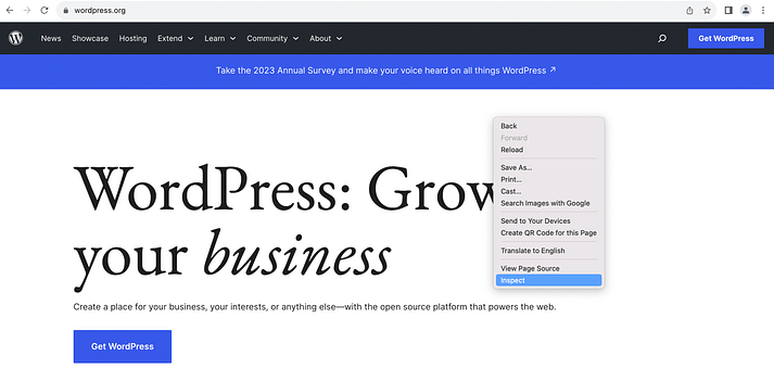 Inspecting the WordPress.org home page.
