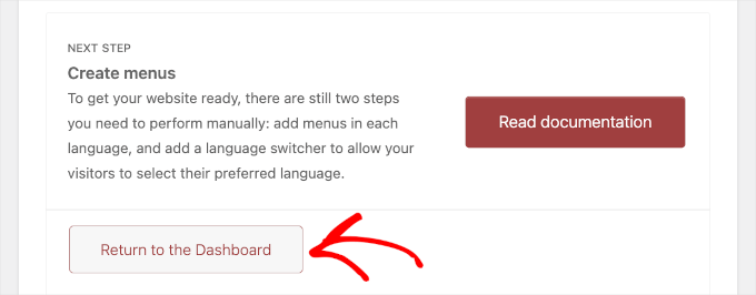 The Return to dashboard button on Polylang's setup