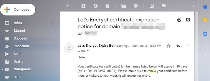 An SSL renewal notice.