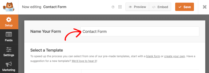 The Contact Form copy in the Name Your Form field in WPForms' Setup panel