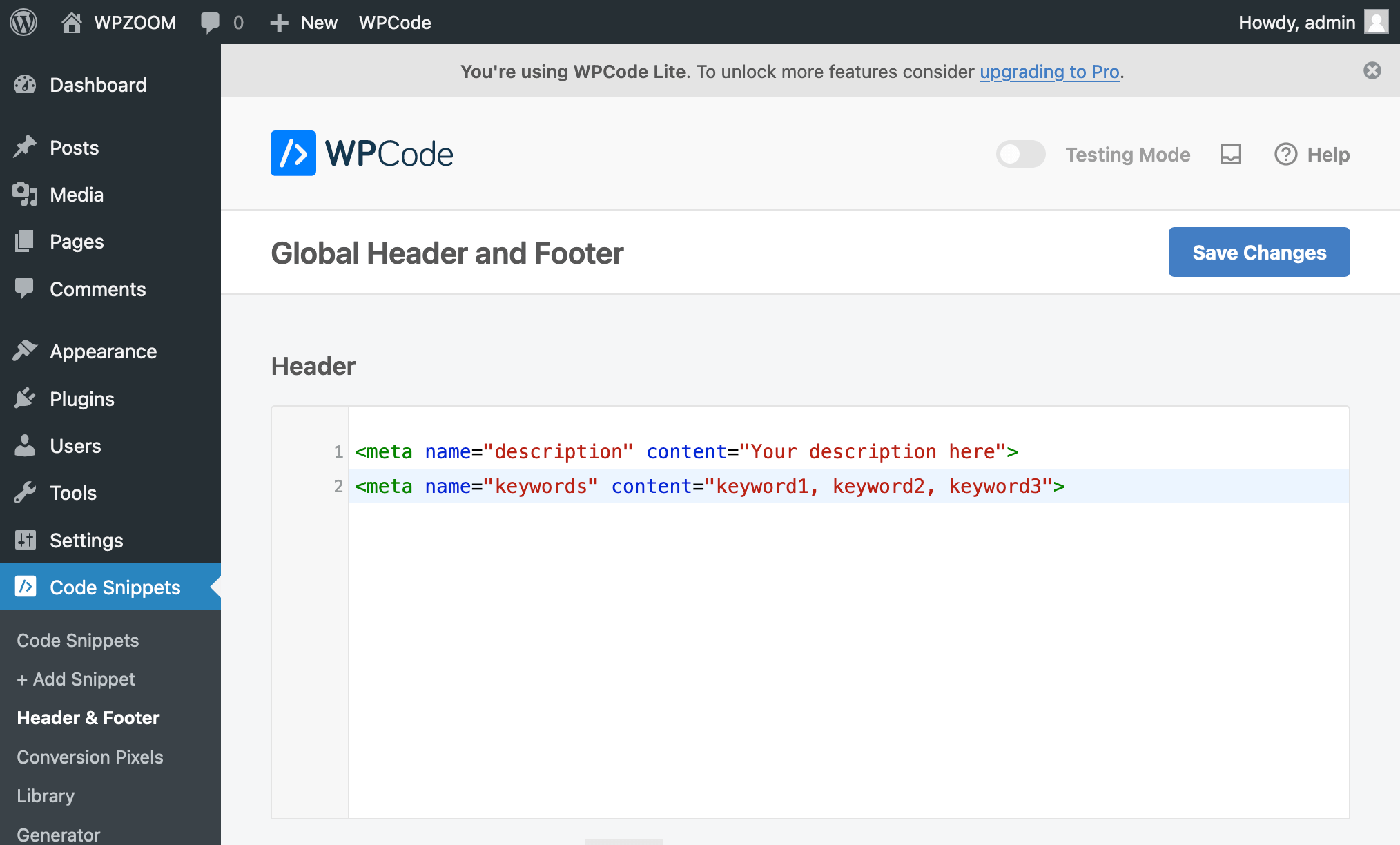 Editing Header with WPCode