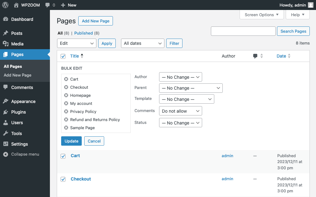 WordPress Pages disable comments bulk