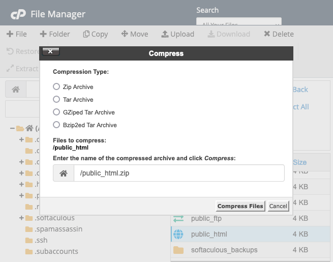 cPanel Compress Files