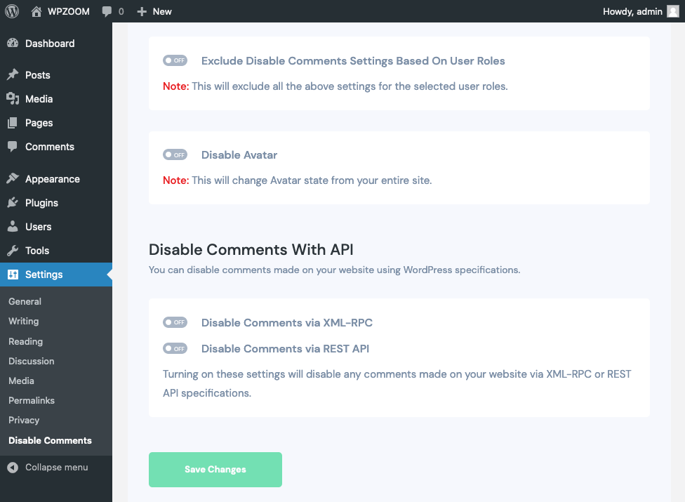 Disable Comments Plugin Advanced Settings