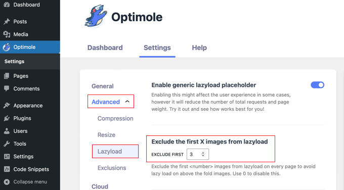 Optimole's Advanced Lazyload Settings