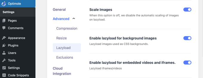 Further Advanced Lazyload Settings in Optimole