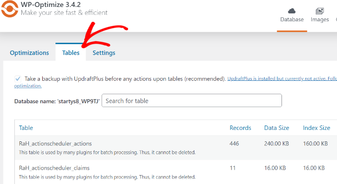 Tables tab in wp optimize