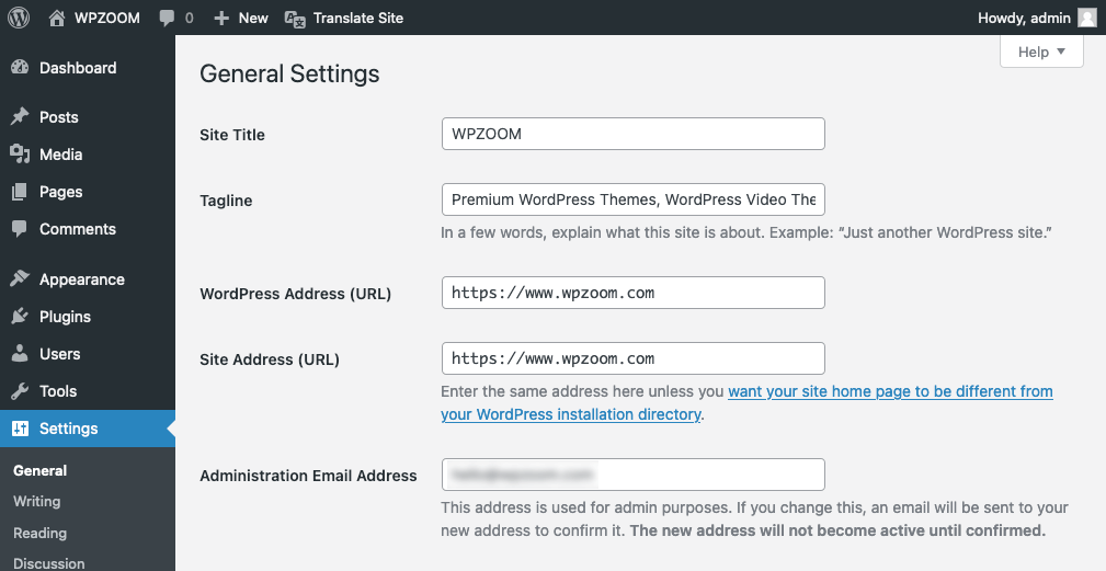 WordPress Settings General