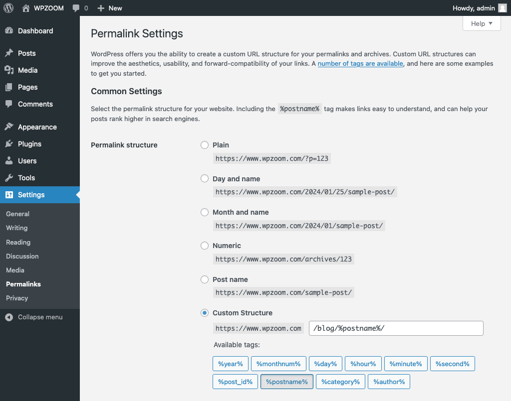 WordPress Settings Permalinks