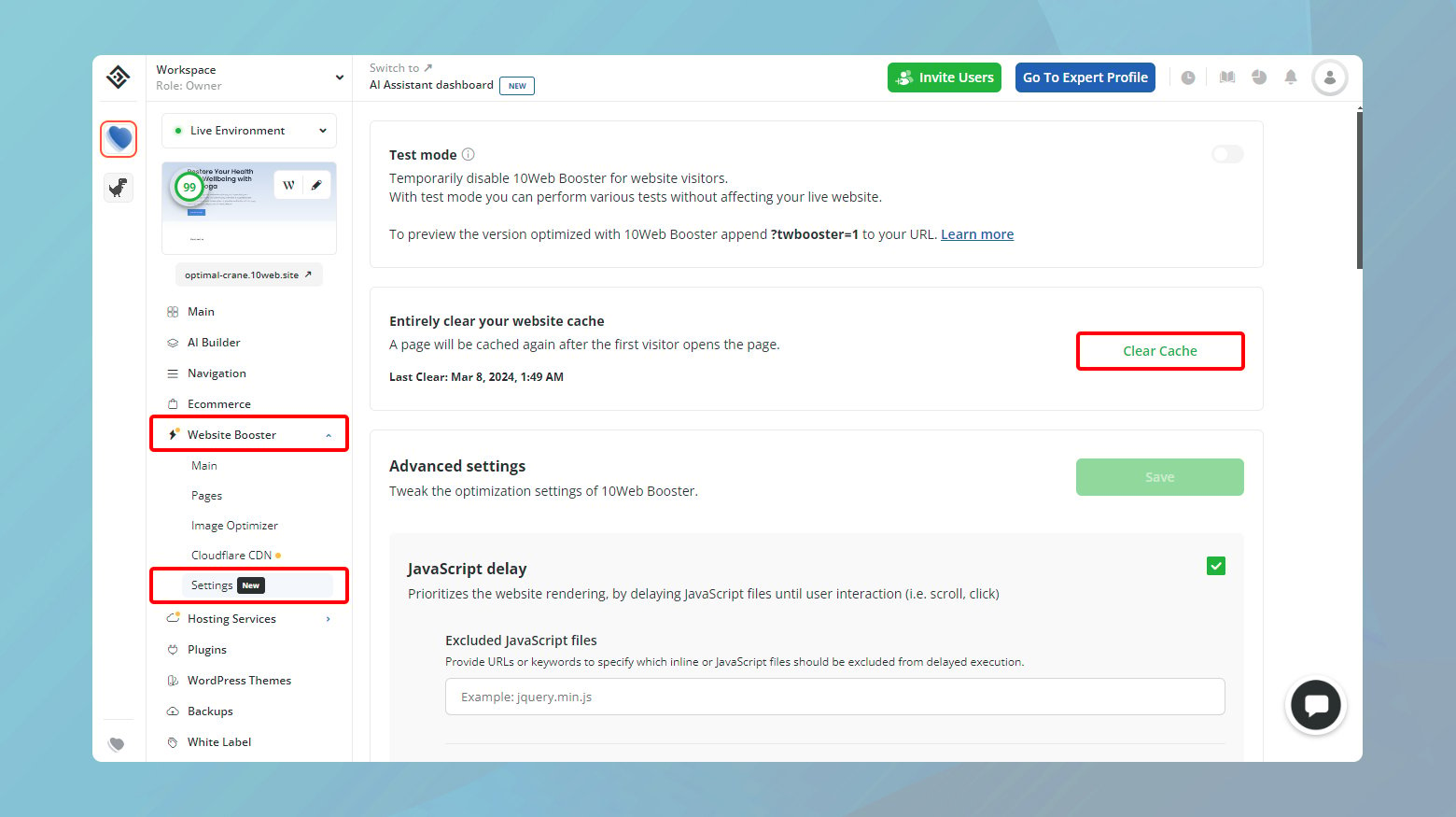 10Web Cache in 10Web dashboard