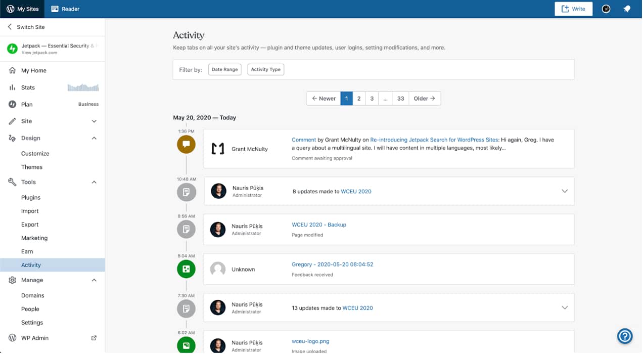 Jetpack activity log