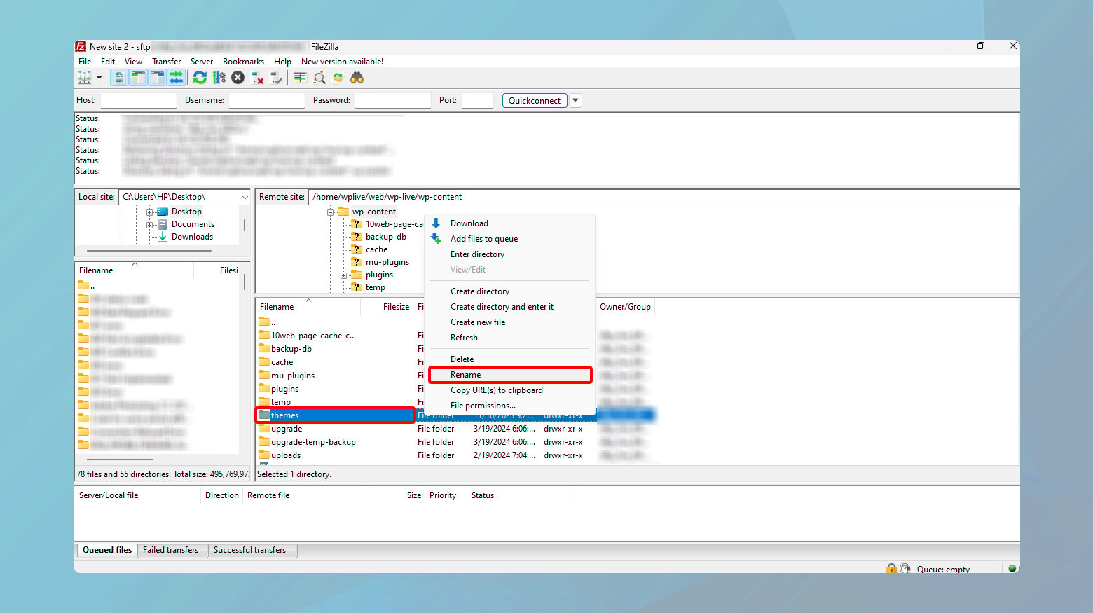 Renaming the Themes folder in FTP client. 