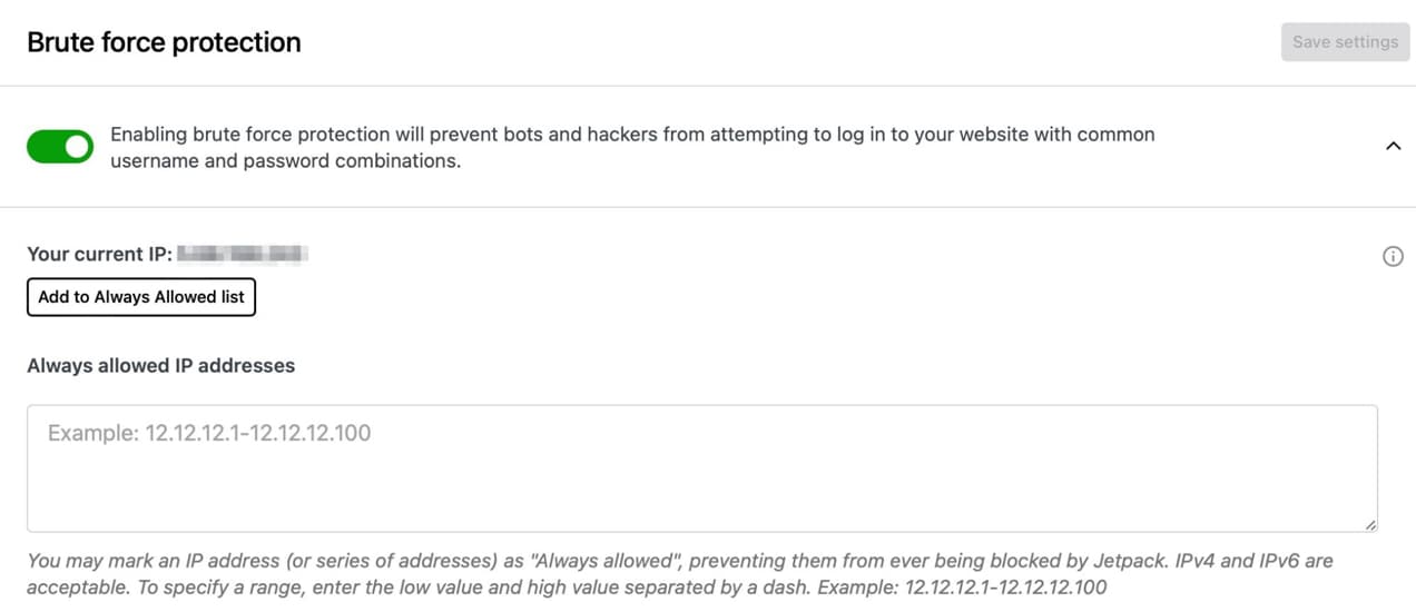brute force attack protection settings from Jetpack