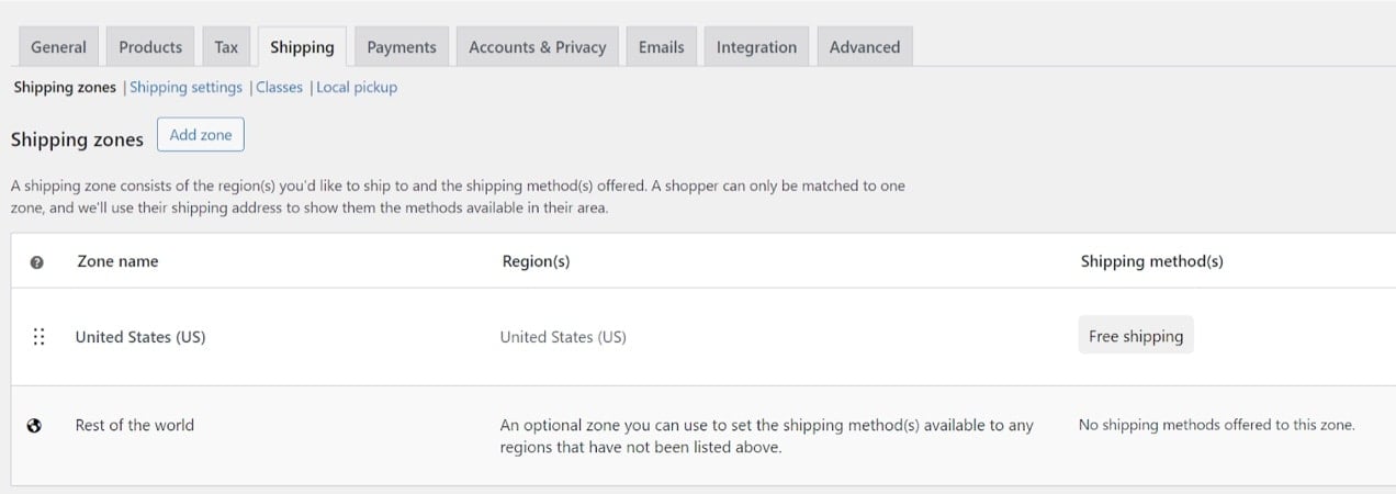 shipping zones on a Woo site