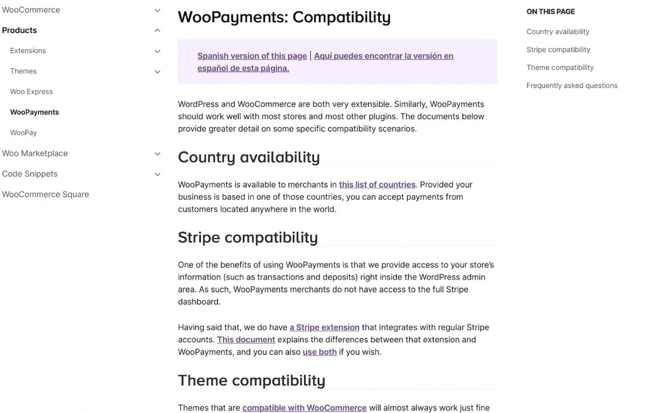 WooPayments documentation illustrating country, availability as well as stripe and theme compatibility.