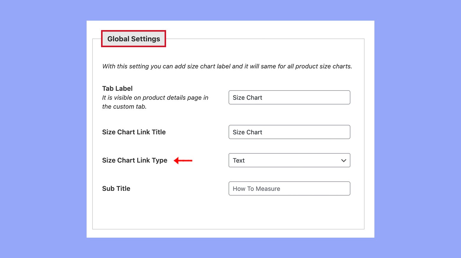 Configuring size chart settings in WooCommerce