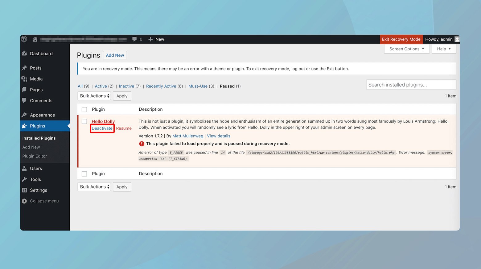 A screenshot of WordPress recovery mode on the Plugins page. A red rectangle highlights the deactivate link under Hello Dolly.