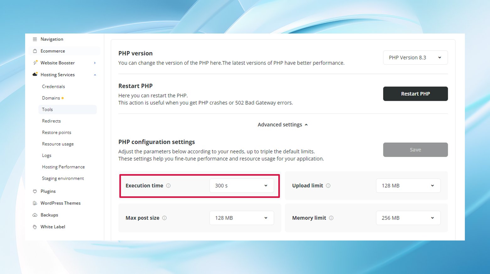 A screenshot showing the 10Web dashboard's PHP configuration settings which allow users to increase the max execution time without editing config files directly.