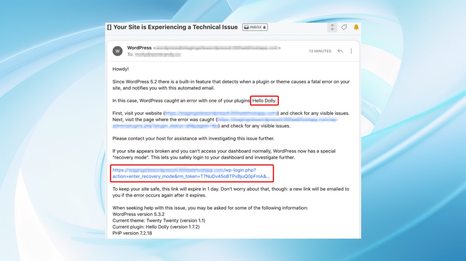 A screenshot showing the email that WordPress sends out when encountering the max_execution_time wordpress error. It shows a link to WordPress recovery mode and the name of the plugin causing the error.