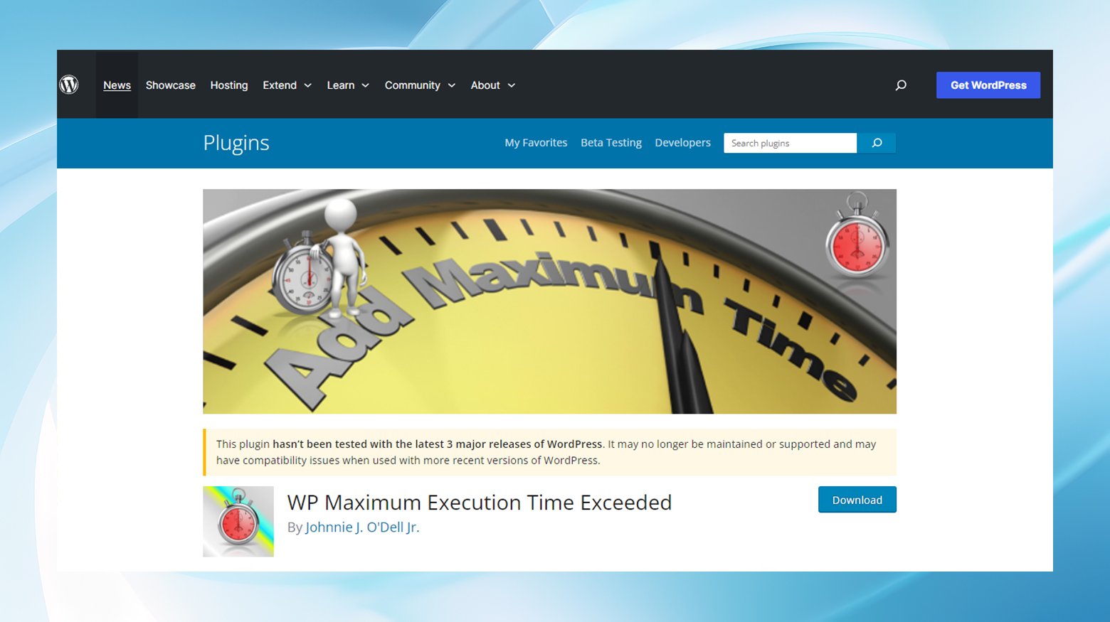 A screenshot of the WP Maximum Execution Time Exceeded plugin page.