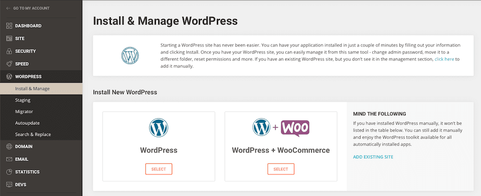 install and manage wordpress siteground