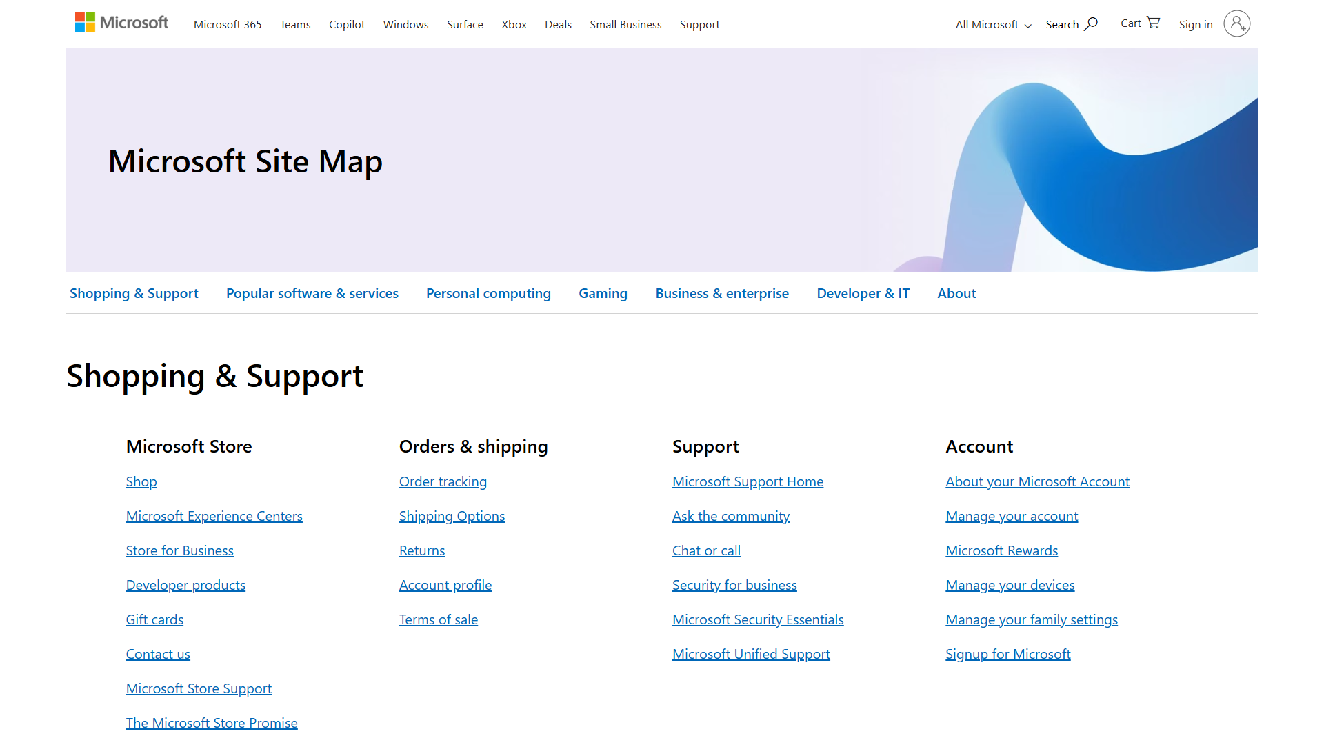 Microsoft sitemap with various links listed for shopping and support. 
